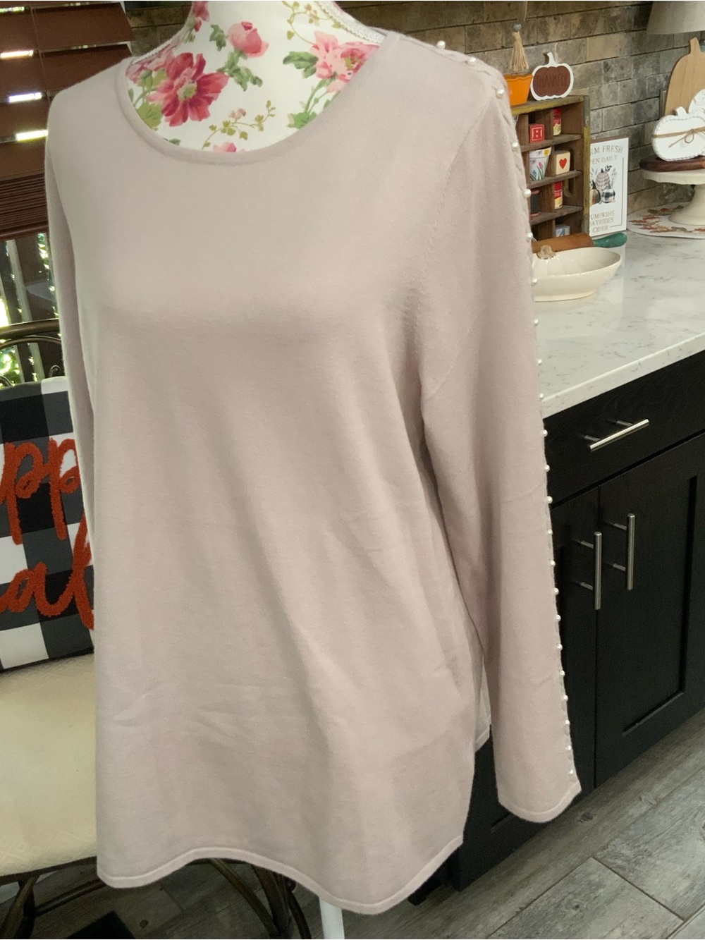 Soft Surroundings XL String Of Pearls Embellished Tunic Sweater Soft Gray New